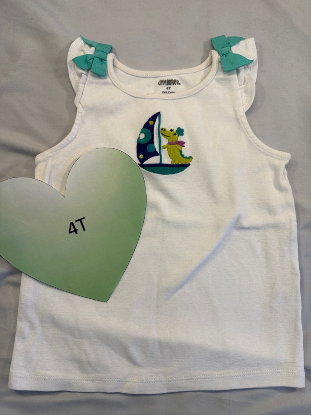 Gymboree White Cotton Tank Top with Green green bows and embroidered design